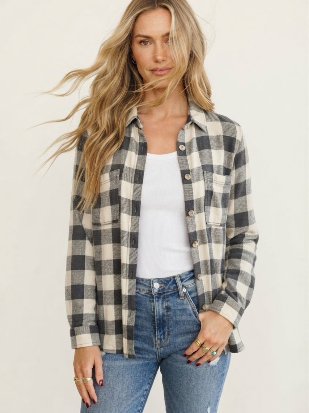 Classic Black & Cream Plaid Shirt Jacket